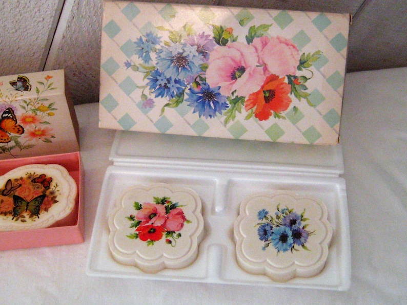 Vintage Avon soaps, Hostess sets, Butterflies Blossoms, Country Garden, Touch of Roses, mid century 50s 60s, fragrant bathroom decor Country Garden