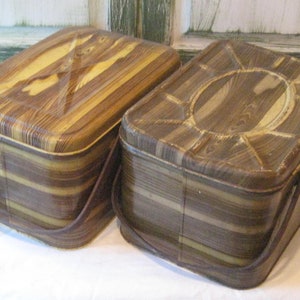 Antique tin metal picnic basket, bent wood handles, faux wood picnic basket, rustic, distressed, mid century, 40s 50s, brown yellow
