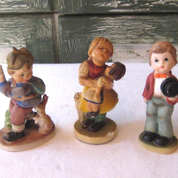 Antique figural statues, young boy American Children, young girl Hummel, top hat colorful suit Napcoware MCM mid century 40s 50s figurines