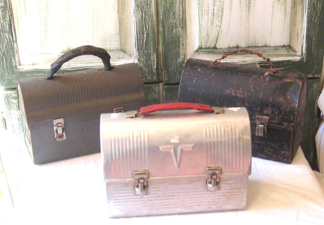 Antique Metal Lunch Box, Black Silver Gray Domed Hinged Lid, Rustic