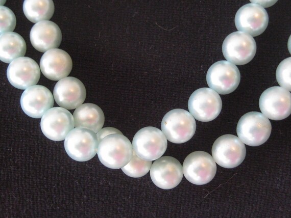 Aqua blue long faux pearl necklace, single double… - image 4