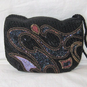Bolso formal vintage con cuentas negras, clutch con asa larga de cordón, pequeño bolso de noche, década de 1980, bolsos y carteras en azul cobalto, verde, dorado y violeta.