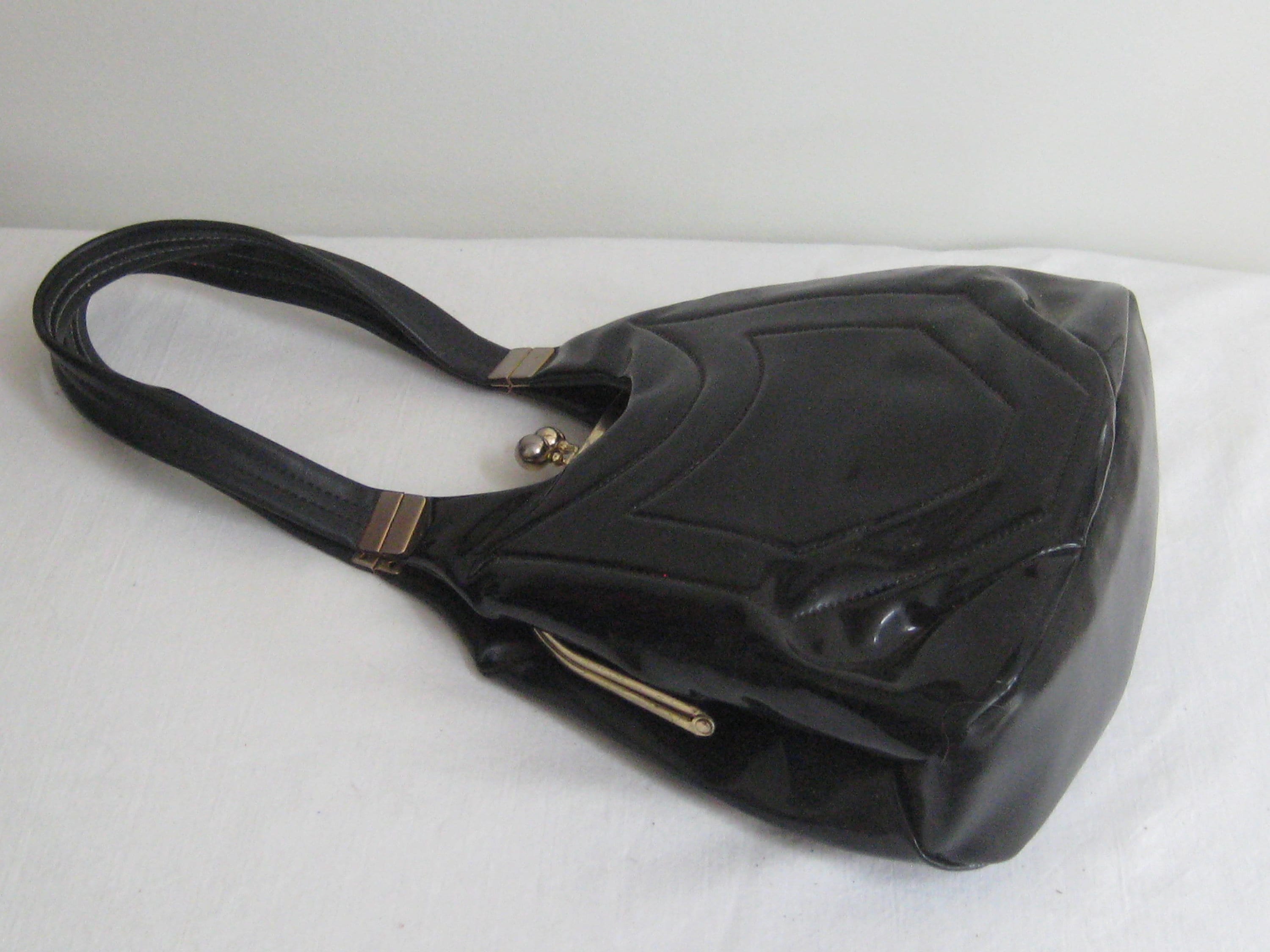 Vintage Black Patent Leather Handbag, Shoulder Bag, Top