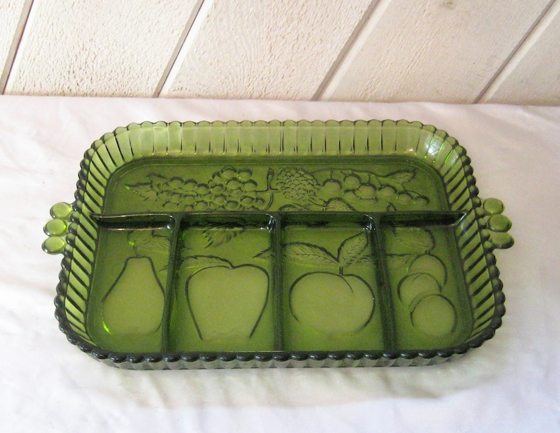 Vintage Green Glass Divided Tray Glass Platter Scalloped Etsy