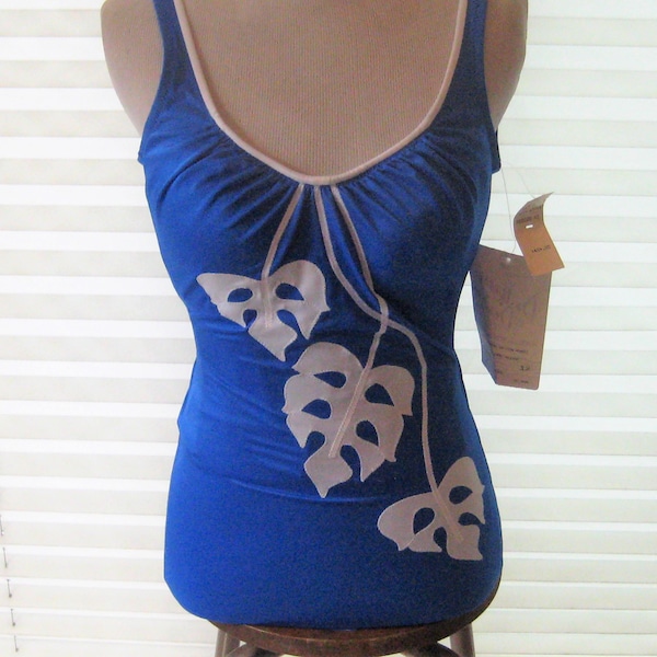 Vintage bathing suit, one piece royal blue swim suit, white tropical leaves, short skirt, new old stock, DeWeese Design made in USA, medium