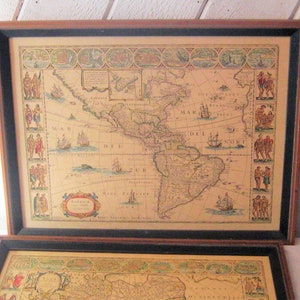 Pair of Vintage framed map, Asia, South America, antique map reproduction, wall hanging decor, office decor