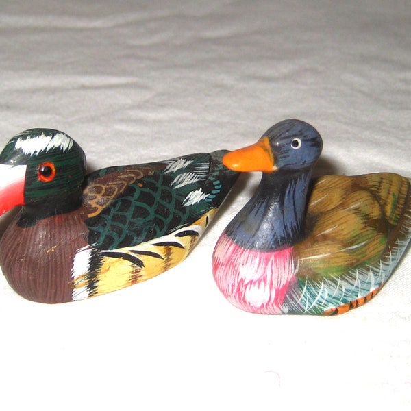 Pair of miniature mallard duck figurines, tiny colorful ceramic wood waterfowl statues  knickknacks, gift for hunter woodsman man cave decor