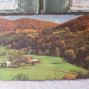 Vintage wood plaque print, picture wall hanging decor, country farm scene, fall autumn trees, mid century 50s 60s, rare unusual unique