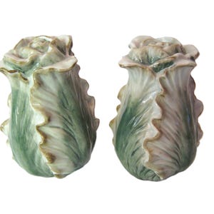 Vintage Keramik Blatt Salat Salz Pfefferstreuer, grün hellgrau, Sammlerstück S & P, Mid Century 60er 70er Jahre, Gemüse Salz Pfeffer