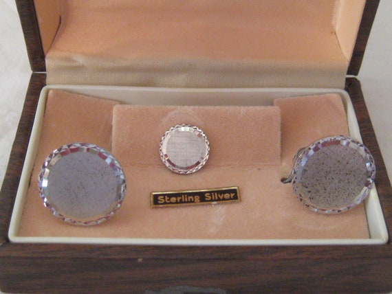 Vintage sterling silver round cuff links tie clip… - image 2