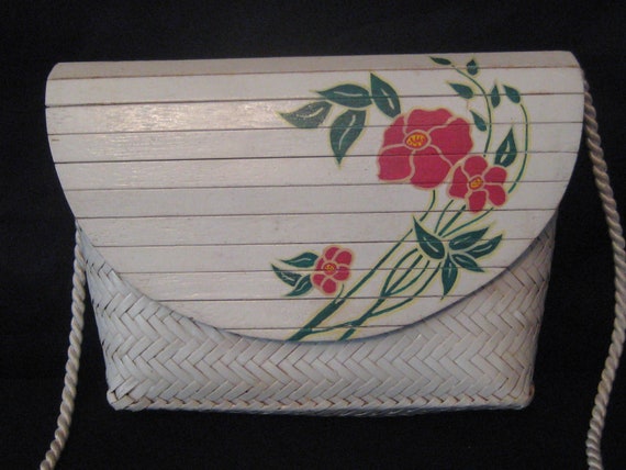 White woven wood purse, wood slat flap, pink gree… - image 2