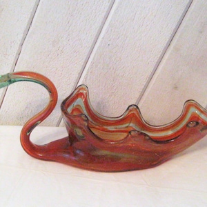Vintage Murano blown glass swan bowl, large glass swan, mid century modern, orange green, art sculpture, rare unusual unique, OOAK