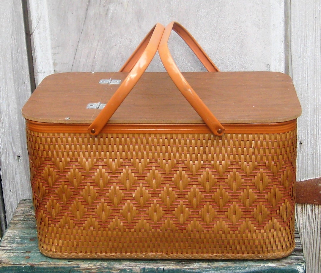 Vintage Extra Large Picnic Basket, Woven Thin Wood Beige Red Brown