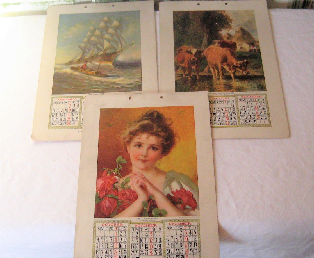 Antique Calendar From 1908, Girl With Roses, Nearing Port, Cattle and ...