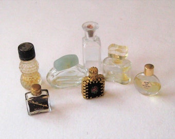Collection of tiny perfume bottle, miniature, needlepoint bottle, gold filigree, Knowing, White Linen, collectible, rare unique, mid century