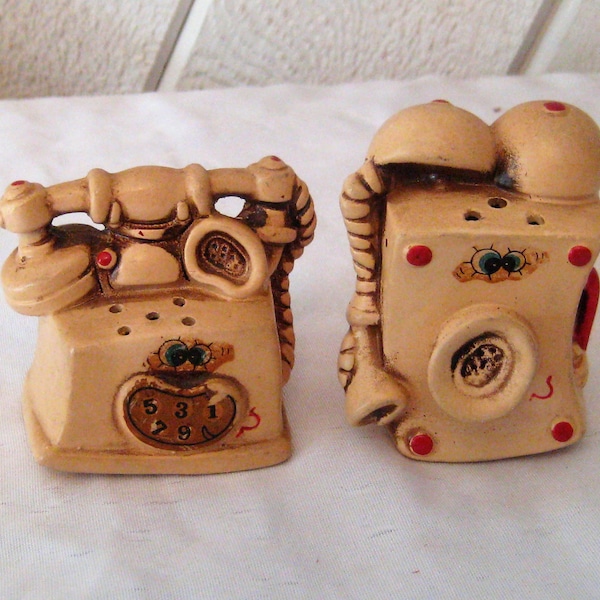 Antique telephone salt and pepper shakers, beige red, collectible S & P, novelty, mid century, rustic, distressed, 1950s, wall desk phone