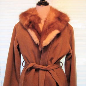 Camel colored coat with real genuine fur collar, tan beige long coat, Montaldo&#39;s, designer warm winter coat, designer, medium