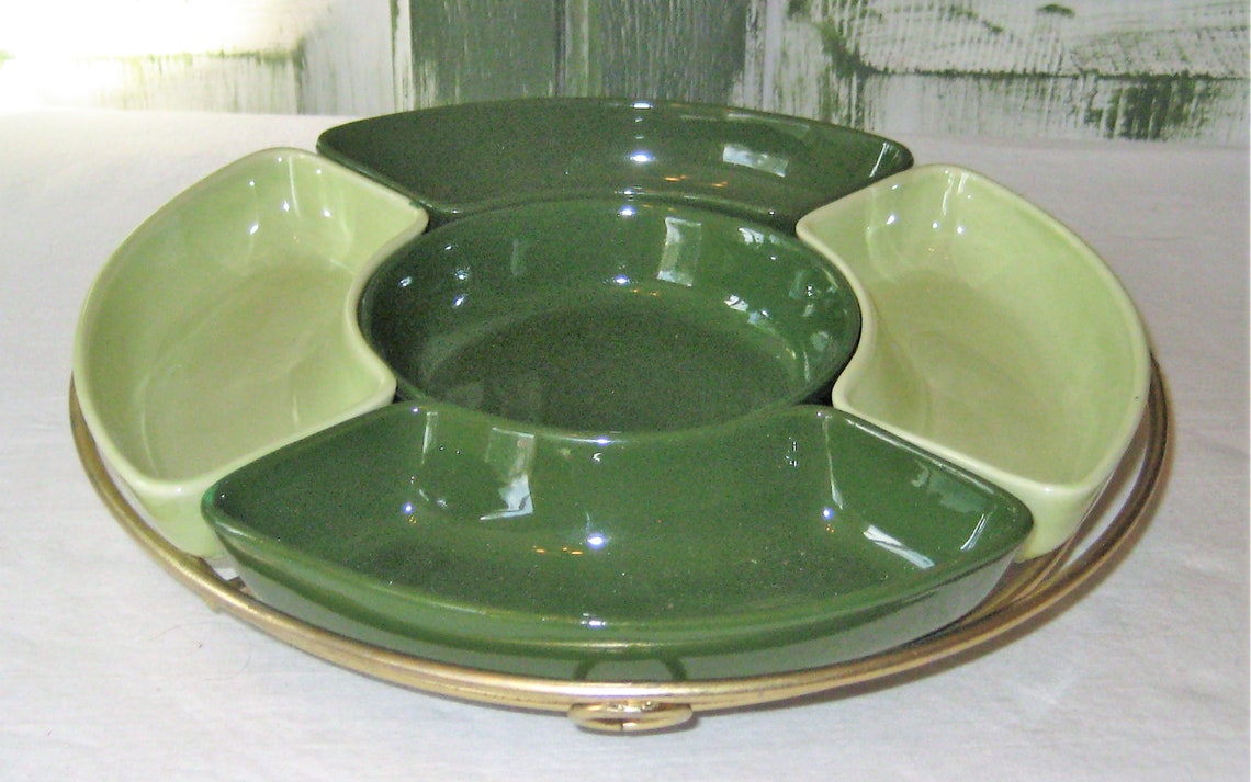 Petite Ceramic Relish Divided Bowls Condiment Tray Brass Etsy