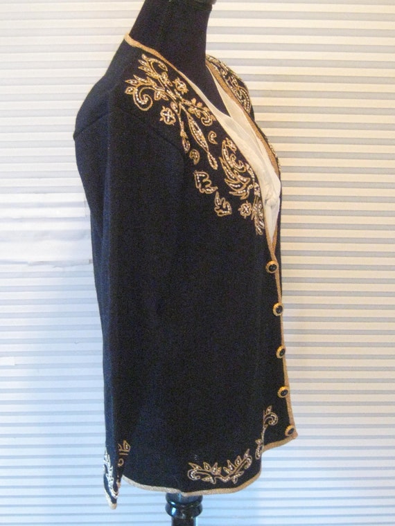 Vintage black cardigan sweater, metallic gold tri… - image 4