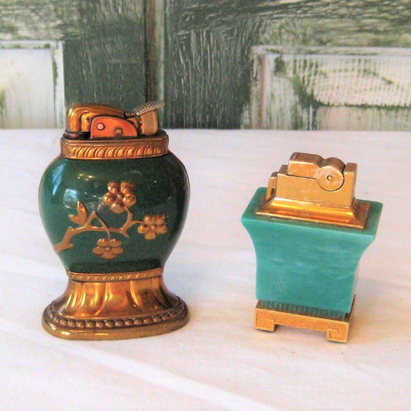 Antique table top lighters, Art Deco 30s 40s 50s, green bakelite stone, gold brass metal ornate decorative collectible ASR Evans made in USA