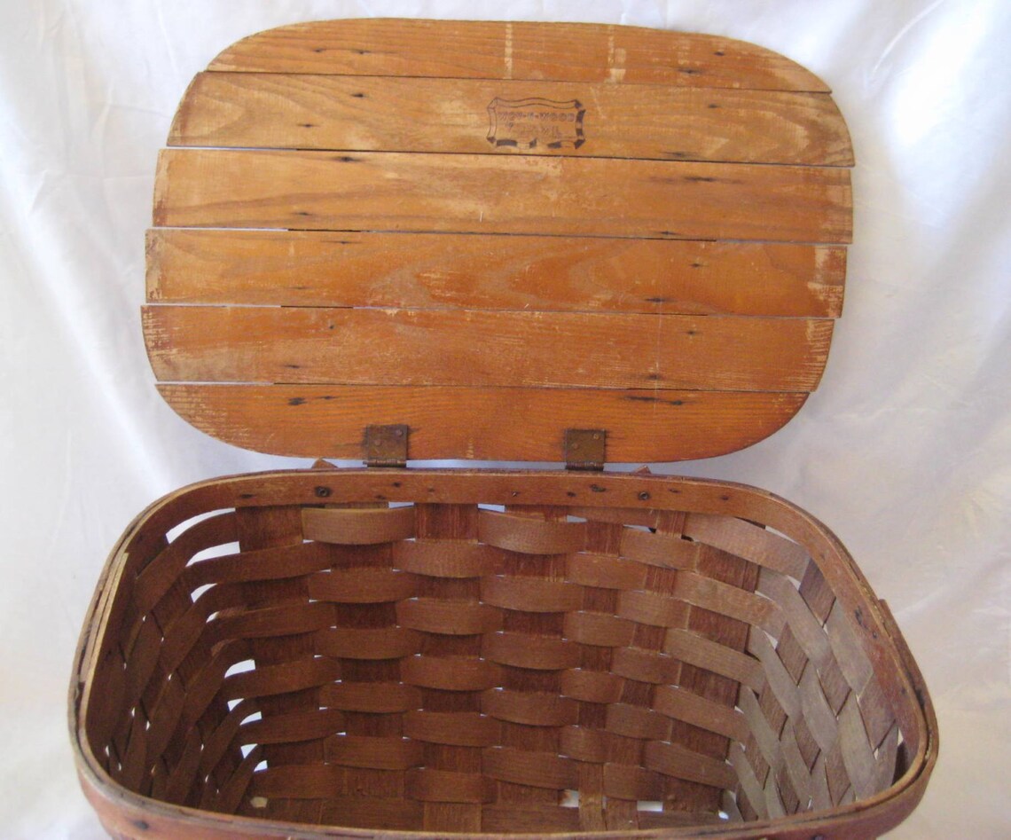 Woven Wood Picnic Basket Wooden Food Basket Mid Century Etsy