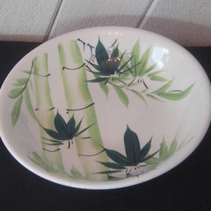 Vintage ceramic large serving bowl, Asian white lime green bamboo, MCM mid century modern, 60s 70s, made in Japan, chinoiserie chic 2 quarts