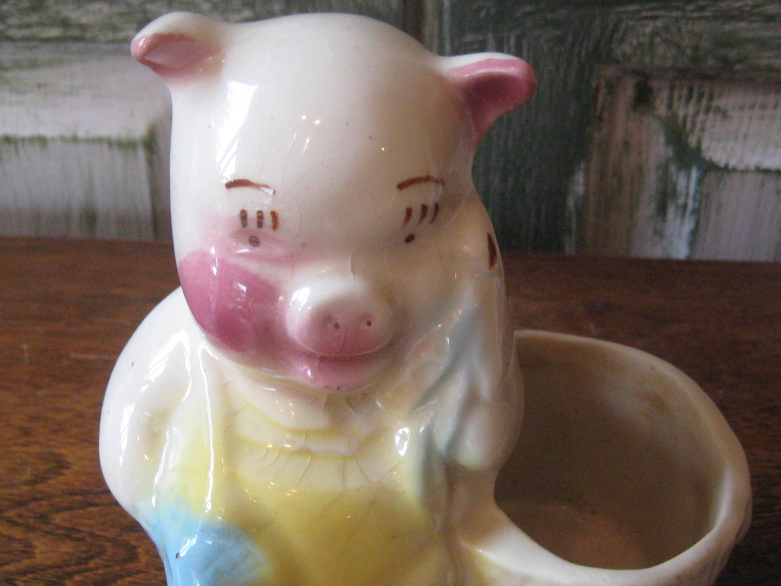 Antique Pig Indoor Planter, Vintage Ceramic Swine in Yellow