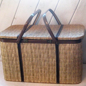 Cestas de picnic de mimbre, cesta de picnic vintage con tela de picnic con  tapa dividida, cesta de pícnic, con asa plegable, cesta de picnic para