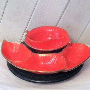 Red Ceramic Dip Bowl, Divided Semi Circle Bowl Tray, Leaf, Mid Century ...