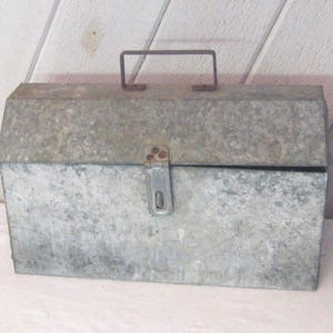Antique Galvanized Aluminum Tool Box, Large Gray Metal Tool Box