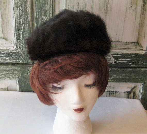 Brown mink pillbox hat, formal winter hat, real ge