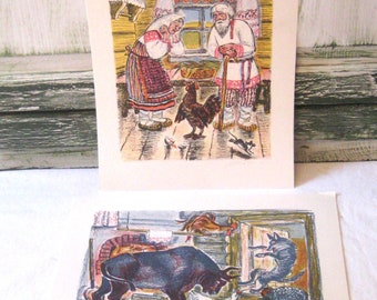 Vintage Russian fairytale drawing, Russian National Folk Tales, copy of colored chalk drawing, old man woman rooster in house bull duck wolf