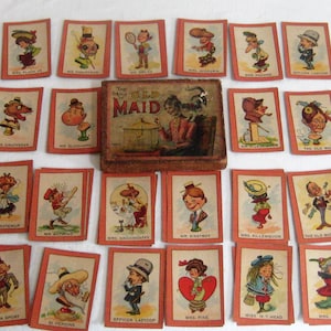 Carte da gioco antiche Old Maid, 1904, anni 1900, molto rare, insolite, uniche, gioco di carte da collezione, rustico primitivo vittoriano, McLoughlin Bros NY
