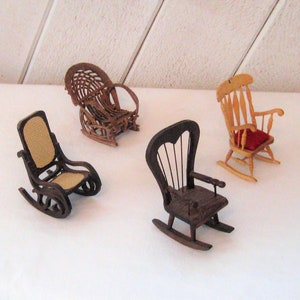 Vintage miniature toy wood rocking chairs, doll house furniture, miniature resin willow rocker, heart shape rocking chair, bentwood rocker