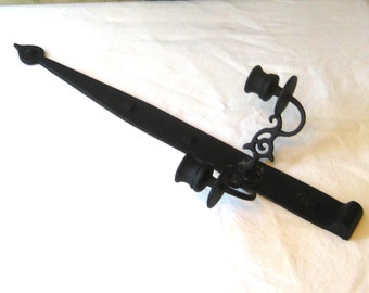 Vintage wrought iron wall candlestick holder, black strap hinge, double taper candle holders, tall wall hanging decor, 60s 70s mid century