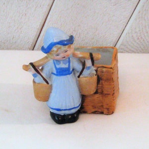 Antique Dutch girl indoor planter, made in Occupied Japan, mid century modern, 40s 50s, MCM little Holland young girl water well, blue beige