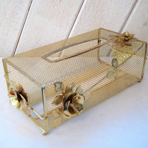 Brass tissue holder, decorative gold metal tissue box holder, mid century 60s 70s, metal wire mesh, Hollywood regency, glamorous decor