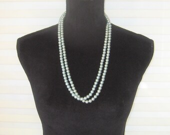 Aqua blue long faux pearl necklace, single double strand, iridescent light blue, mid century, 40s 50s, extra long
