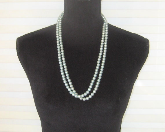 Aqua blue long faux pearl necklace, single double… - image 1