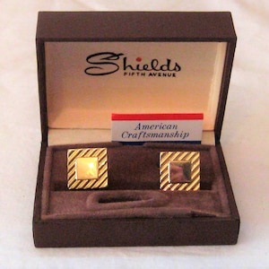 Vintage cufflinks in original box, silver tone squares, diagonal lines, Shields Fifth Avenue, made in USA, Art Deco mid century gift for him