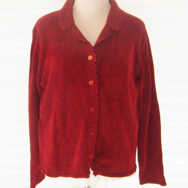 Deep Red cardigan, cranberry button up sweater, size medium petite, 1990s, Jennifer Moore, Christmas sweater