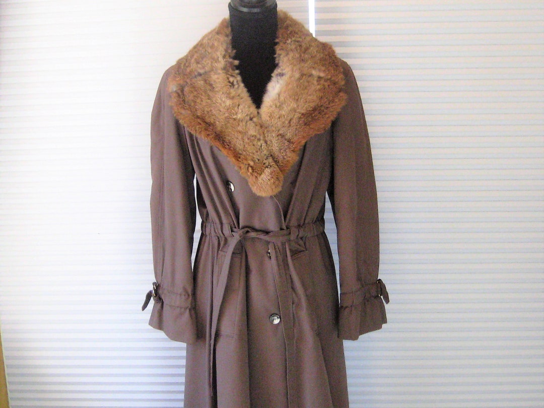 Vintage Brown Raincoat With Real Rabbit Fur Collar 60s 70s - Etsy