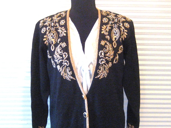 Vintage black cardigan sweater, metallic gold tri… - image 1