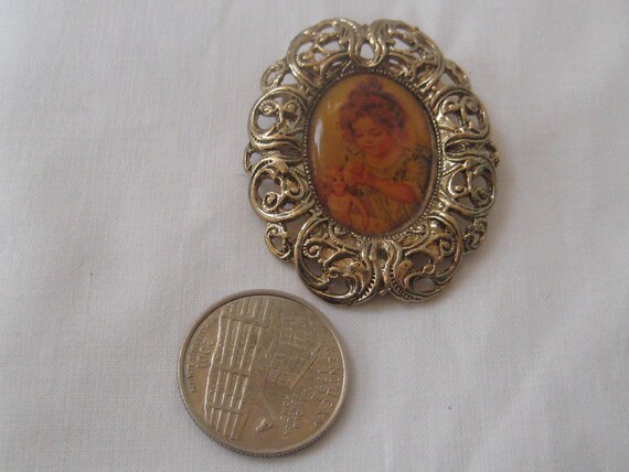 Vintage oval silver tone filigree brooch, orange … - image 4