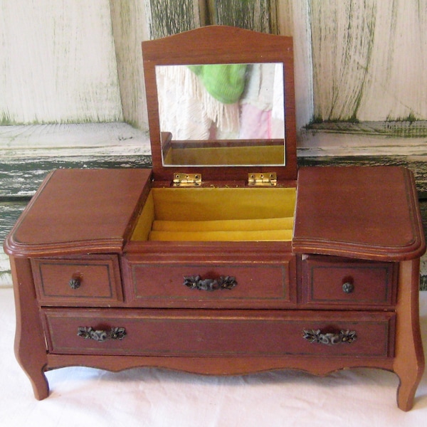 Vintage wood dresser style jewelry box, wooden musical jewelry box, Love Story, 1970s, vanity draws mirror, curvy legs, gift for her