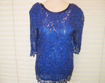 Royal blue sequined blouse, beaded blouse, 80s 90s, formal party blouse, silk blouse, zigzag hem, scoop neckline, medium, 1270