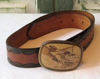 Vintage tooled brown Leather belt 29 to 34", Net Play decorative belt buckle whimsical antique dressed tennis player 70s 80s worn distressed