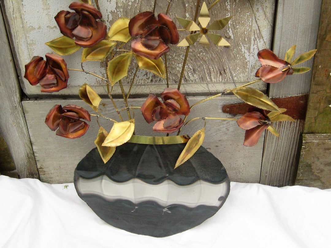 Vintage Large Copper Brass Wall Art Sculpture, Metal Flowers in Basket