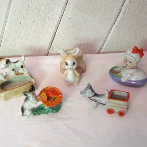 Vintage miniature indoor planters, dog figurine, dog cart, young girl in bowl, terrier turtle ashtray, bunny rabbit, mid century Easter, 50s