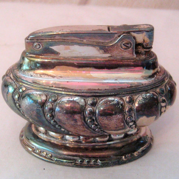 Silverplate table lighter, Crown, tarnished silver mid century lighter, Ronson collectible lighter, Art Deco, made in USA, 40s 50s